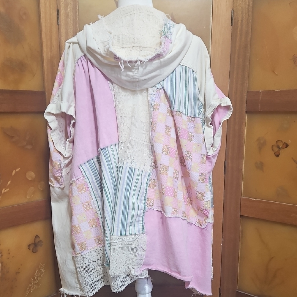 Boho Cottagecore Patchwork Button Down Distressed Oversized Hooded Shirt - Picture 10 of 16